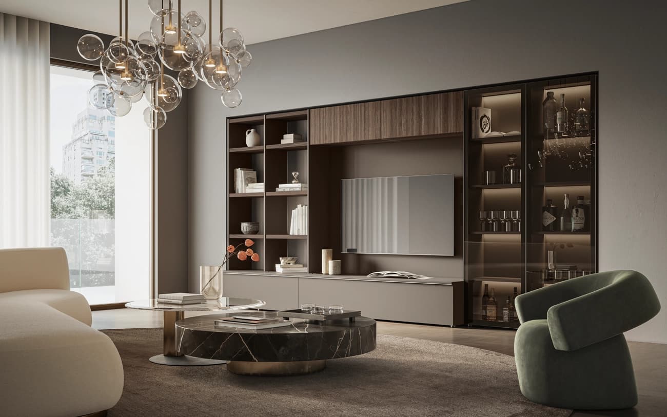 Parete attrezzata elegante con libreria e vetrina — PensareCasa Torino