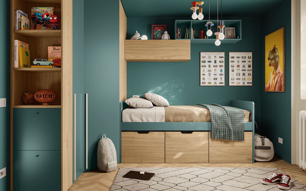 Letto singolo in legno con cassettoni per cameretta — PensareCasa