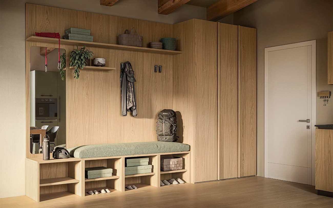 Armadio per ingresso in Rovere Nordico con boiserie e portascarpe — PensareCasa